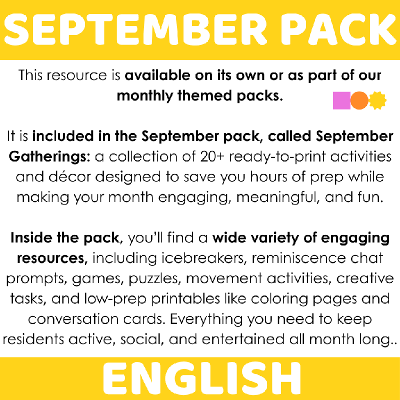 Printable September-themed Bingo for Seniors | Fun Group Game for Assisted Living, Senior Centers and Memory Care Activities