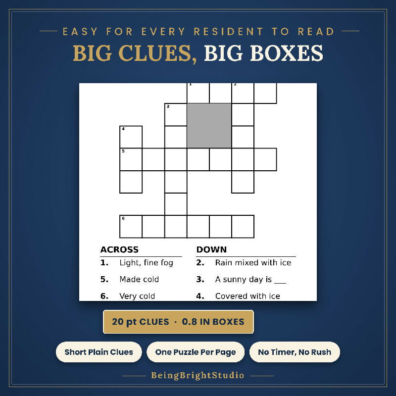 Winter Crossword Puzzles for Seniors, 50 Extra Large Print Pages, Group Activity, Answer Keys