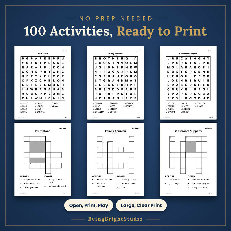 Extra Large Print Word Search & Crossword Activity Pack for Seniors, 100 Printable Puzzles, Facility Use License