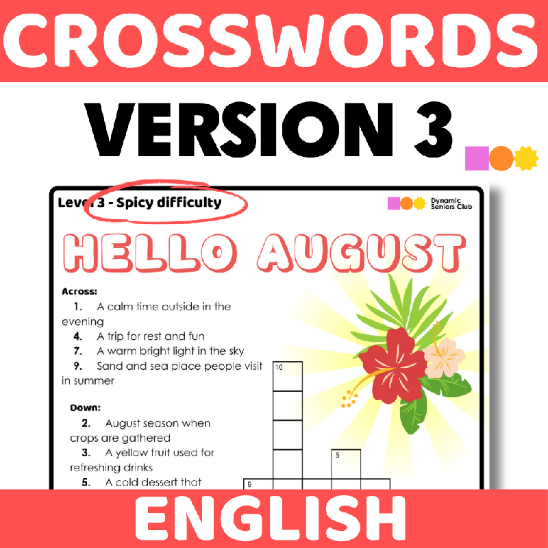 Summer Crossword Puzzles for Seniors | August-Themed Printable Brain Activities for Fine Motor & Cognitive Practice for Older Adults