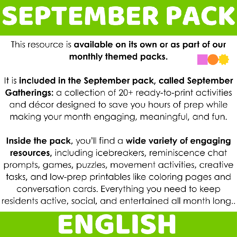 September Reminiscence Conversation Cards for Seniors | Golden Years Discussion Prompts for Memory Care & Engagement | Life Story Sharing