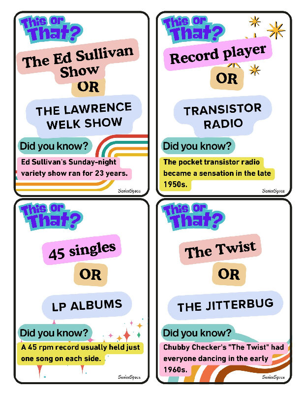 This or That? 200 Reminiscence Cards for Dementia & Seniors | 60s 70s 80s Conversation Starters | Activity Director Printable Memory Care Game