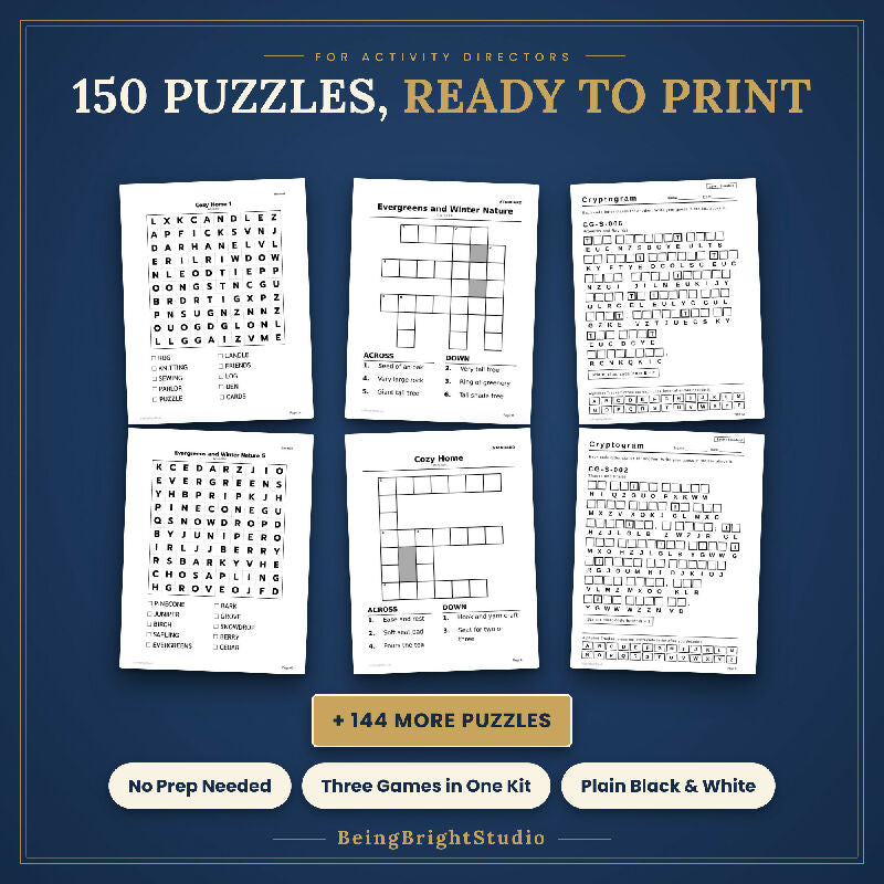 Extra Large Print Winter Puzzle Bundle for Activity Directors, 150 Printable Puzzles, Word Search, Crossword, Cryptogram, Bingo, Planner