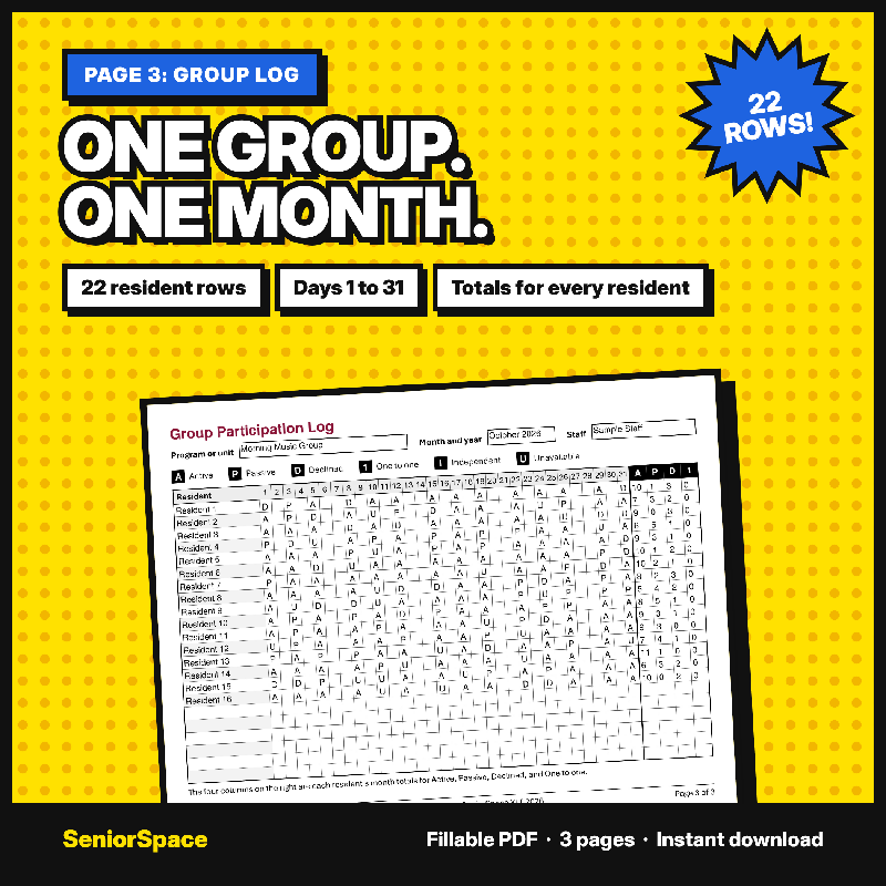 Activity Participation Log with Engagement Codes | Fillable Monthly PDF | Individual and Group Attendance Tracker for Activity Directors