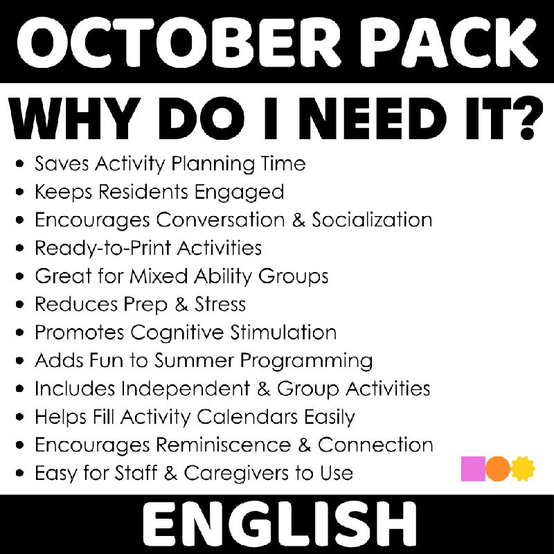 October Pack of Activities for Seniors Bundle | Activities, Games, Trivia, Bingo, Crafts, Reminiscence, Conversation Starters, Cognitive Stimulation, Assisted Living, Nursing Home, Memory Care & Senior Center Full Packet of Activities Halloween Themed