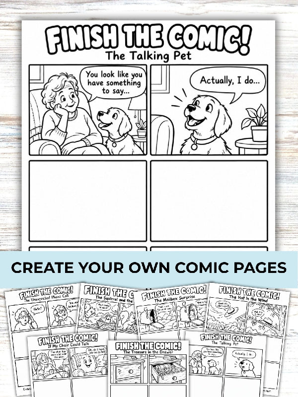 Finish the Comic, Create a Comic Book Coloring Page, Writing and Drawing Activity, 40 Story Panels, Printable Pages