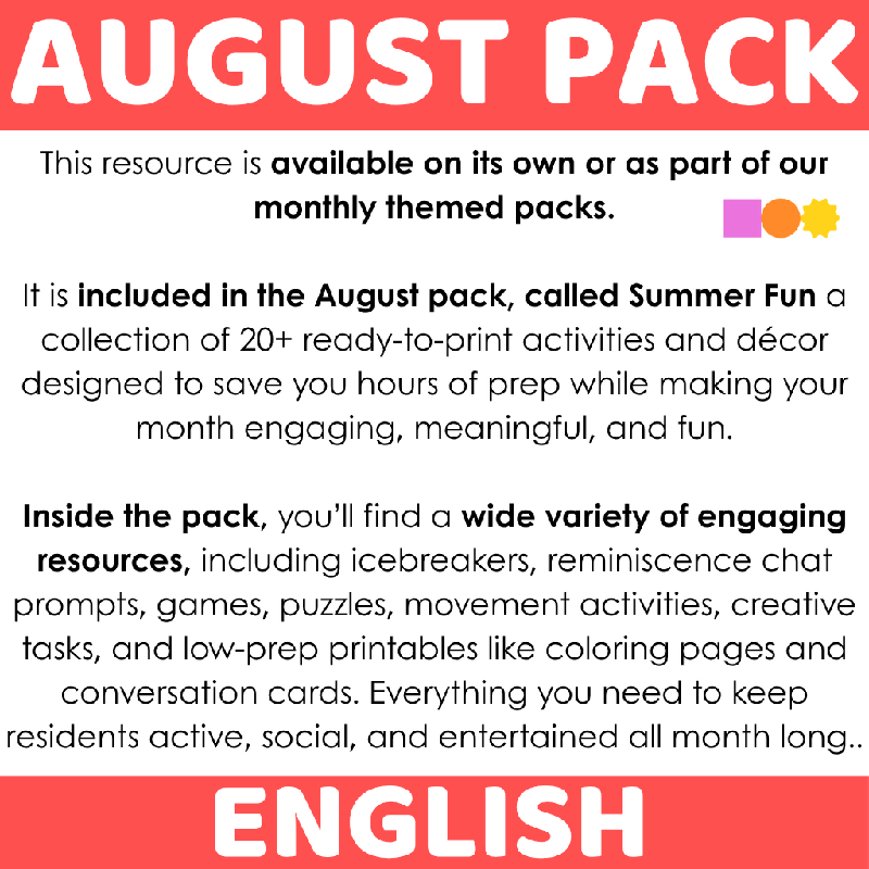 Summer Crossword Puzzles for Seniors | August-Themed Printable Brain Activities for Fine Motor & Cognitive Practice for Older Adults