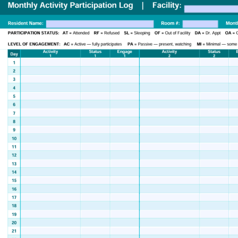 Simple Monthly Activity Participation Log — Fillable PDF | One Sheet Per Resident | Activity Director Documentation Tool