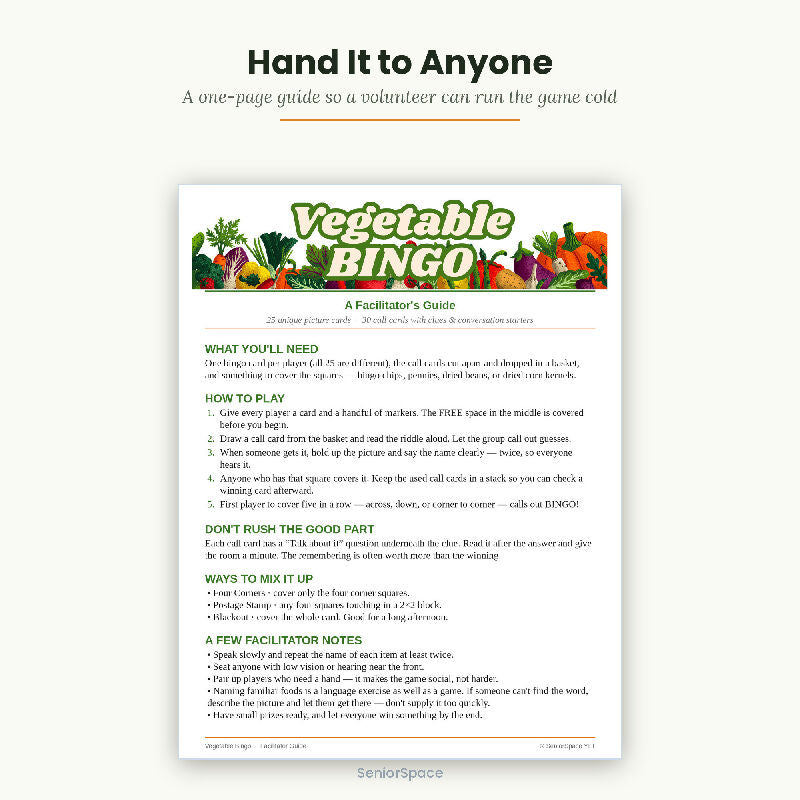 Vegetable Bingo for Seniors, 25 Printable Cards, Call Cards with Clues, Memory Care Activity, Nutrition Program, Instant Download