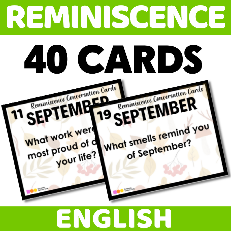 September Reminiscence Conversation Cards for Seniors | Golden Years Discussion Prompts for Memory Care & Engagement | Life Story Sharing