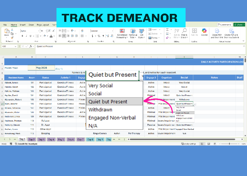 Activity Participation Tracker Excel, Activity Director MDS Tool, Resident Engagement Spreadsheet