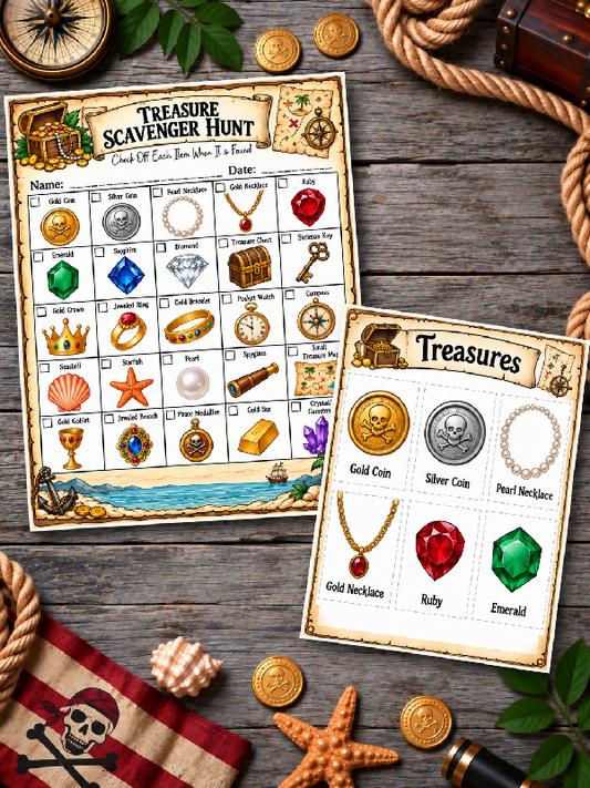 Pirate Treasure Scavenger Hunt and Bingo Game Bundle for Pirate Party or Recreation Activity, 35 Boards and Calling Cards