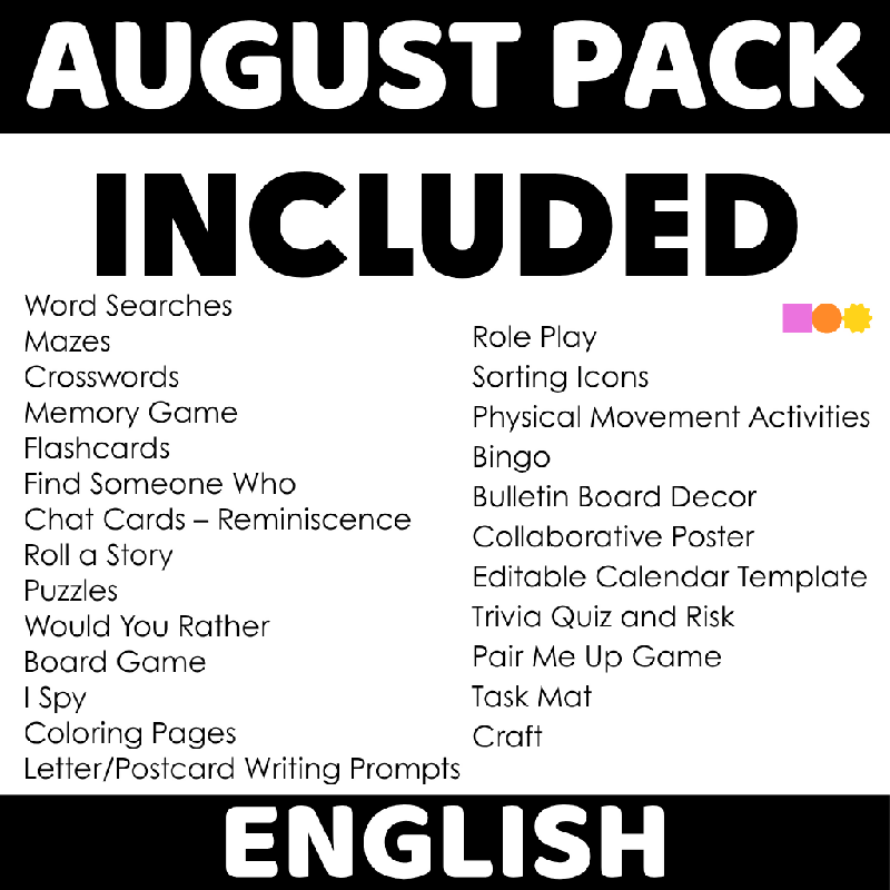 August Activities for Seniors Bundle | Summer Activities, Games, Trivia, Bingo, Crafts, Reminiscence, Conversation Starters, Cognitive Stimulation, Assisted Living, Nursing Home, Memory Care & Senior Center Activities