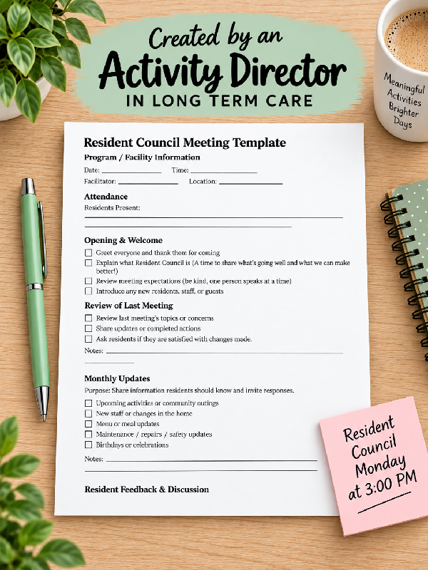 Resident Council Meeting Agenda, Editable Template with Notes and Staff Follow Up