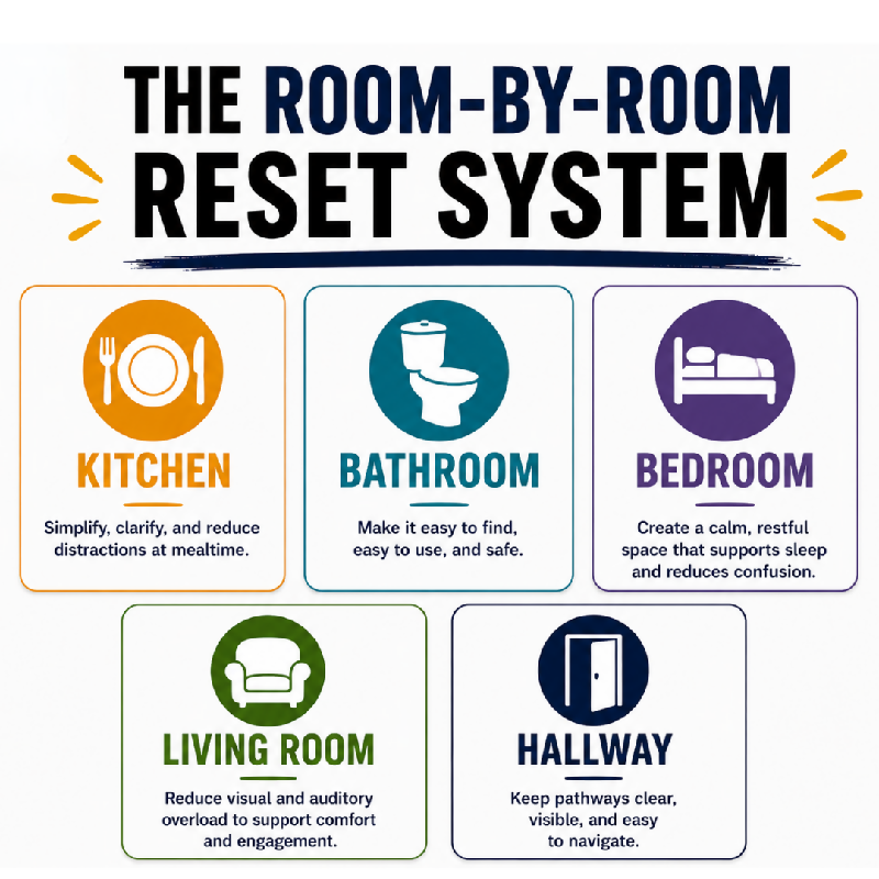 The room-by-room reset system — kitchen simplify and reduce distractions at mealtime — bathroom make it easy to find easy to use and safe — bedroom create a calm restful space — living room reduce visual and auditory overload — hallway keep pathways clear and easy to navigate