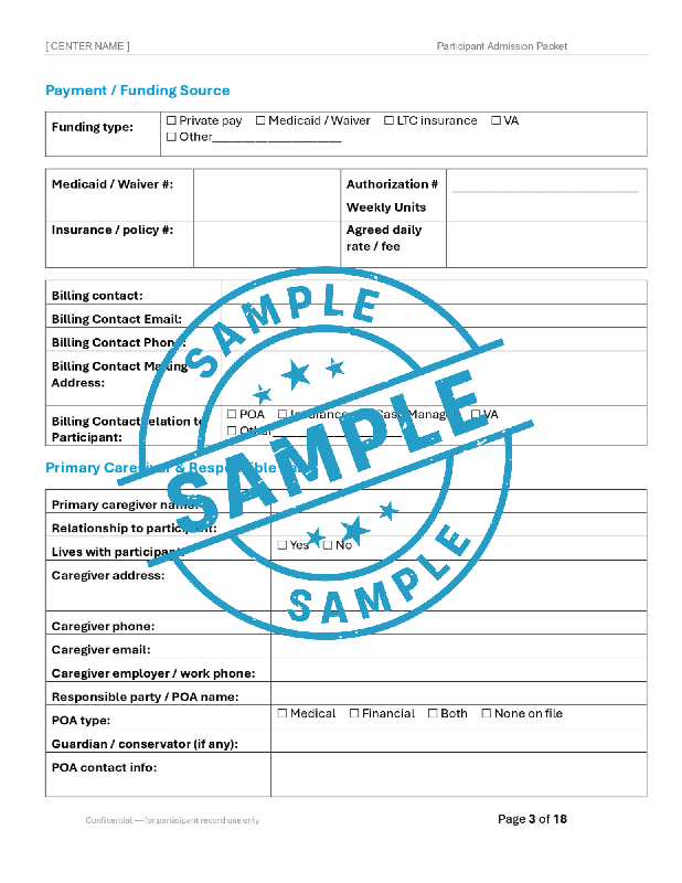 Adult Day Services Participant Admission Packet | Editable Word Intake Forms | Adult Day Care | Customizable Admission Forms