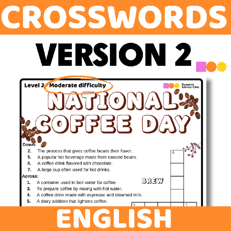 International Coffee Day Crossword Puzzle for Seniors | 3 Difficulty Levels, Cognitive Stimulation & Brain Fitness Activity | Memory Care & Cognitive Engagement