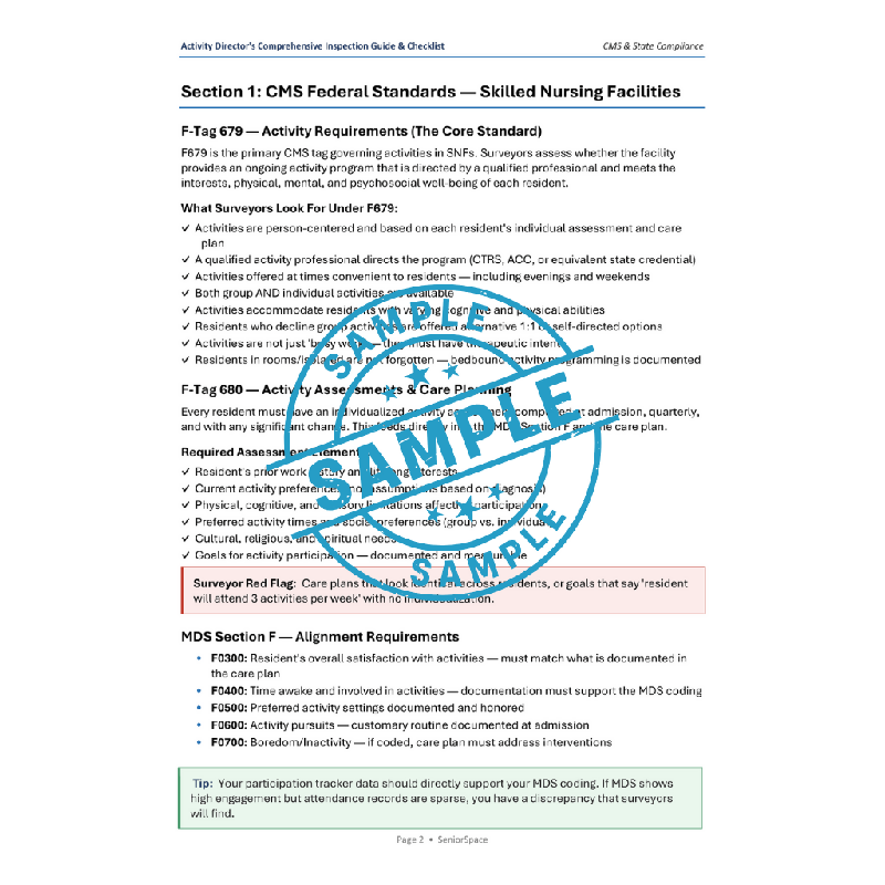 Activity Director Inspection Guide & Checklist | CMS F679 F680 Compliance | Nursing Home Assisted Living Memory Care Printable PDF