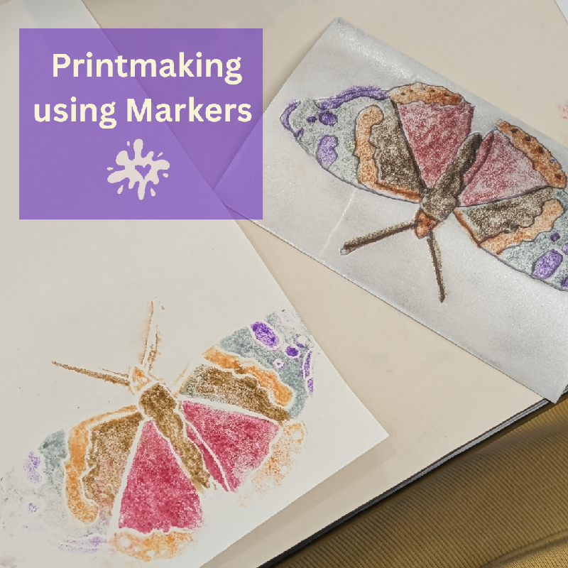 Butterfly printed with lesson steps shown with printing plate