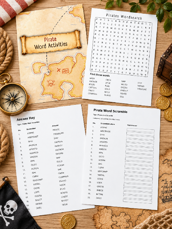 Pirate Fun Facts and Trivia, Fill in the Blank Game,  Word Scramble, Word Search, Printable Games