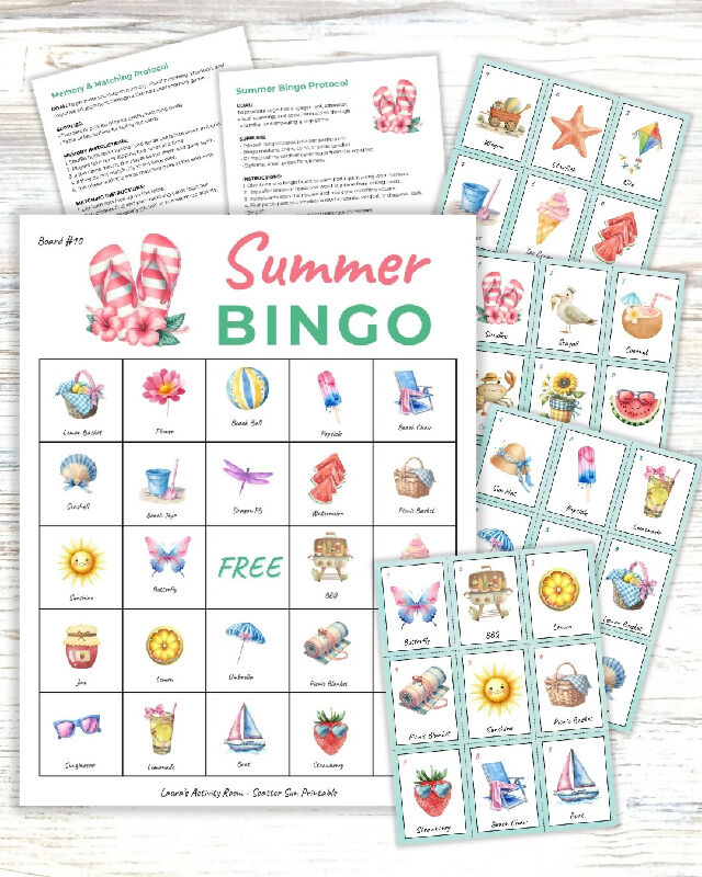 Printable Summer Bingo Game, 30 Boards with Calling Cards, Protocols for Bingo & Matching Game. No Prep, Print and Play Activity