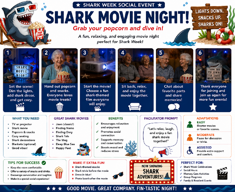 🦈 READY, SET, SHARK WEEK! The Ultimate Shark Week Experience for Life Skills and Memory Care Engagement. Part cookbook, culture club, games, exercise programs, social hour, and much more!