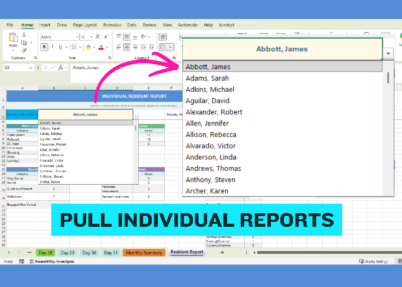 Activity Participation Tracker Excel, Activity Director MDS Tool, Resident Engagement Spreadsheet