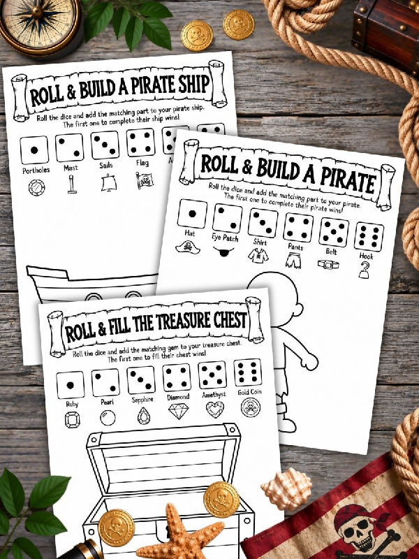 Pirate Dice Games: Roll and Race, Build an Image, Roll and Pass the Parcel Prize