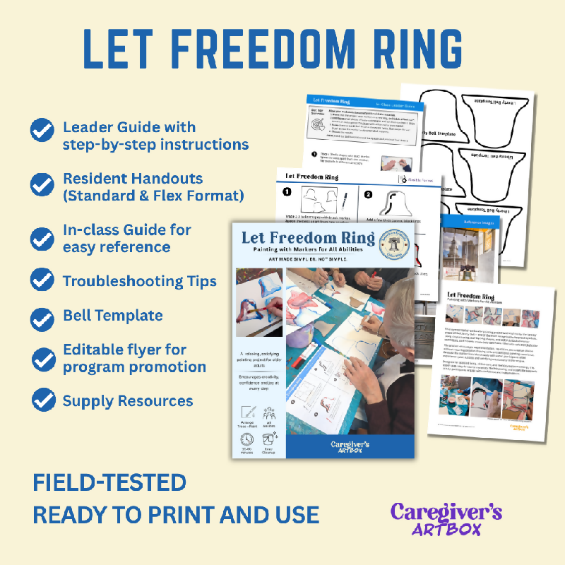 Let Freedom Ring patriotic art project with printable leader guide, participant handouts, Liberty Bell template, illustrated instructions, troubleshooting tips, and promotional flyer.