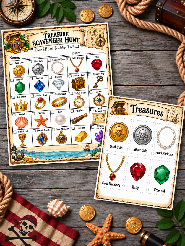 Treasure Bingo (35 Boards) & Scavenger Hunt, Pirate Party or Recreation Activities