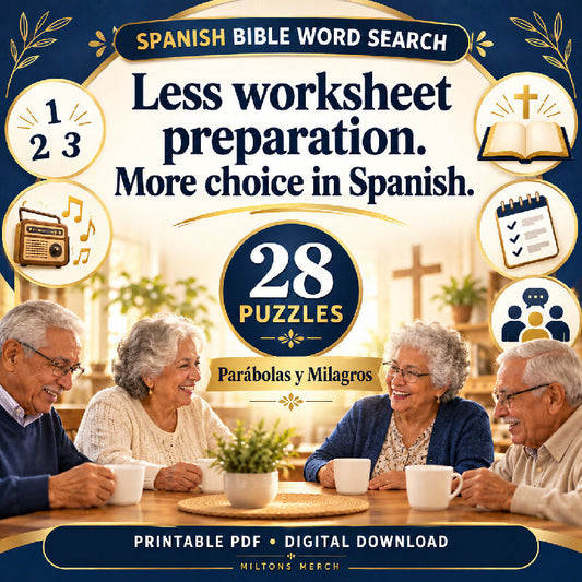 Spanish Bible Word Search — Parábolas y Milagros | 28 Large Print Puzzles, PDF