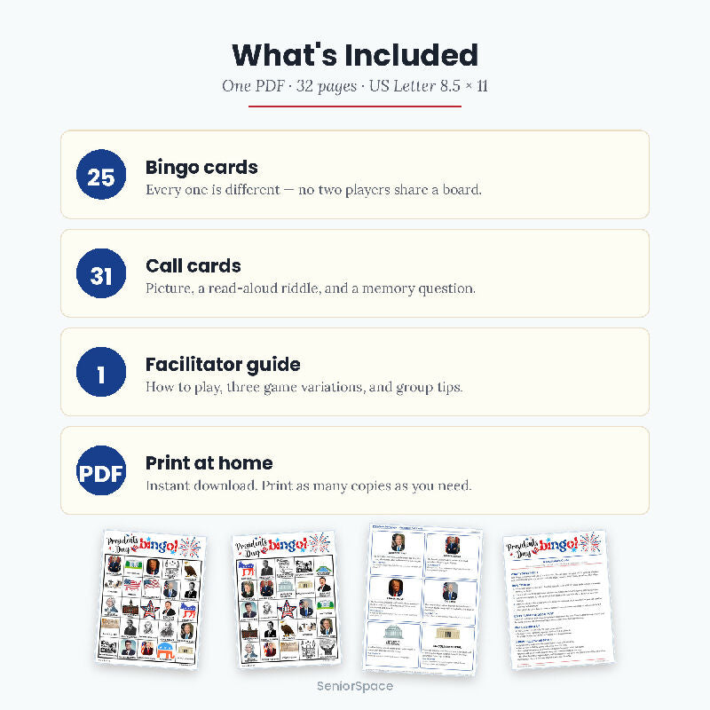 Presidents Day Picture Bingo, 25 Printable Cards, Call Cards with Clues, Discussion Questions Included