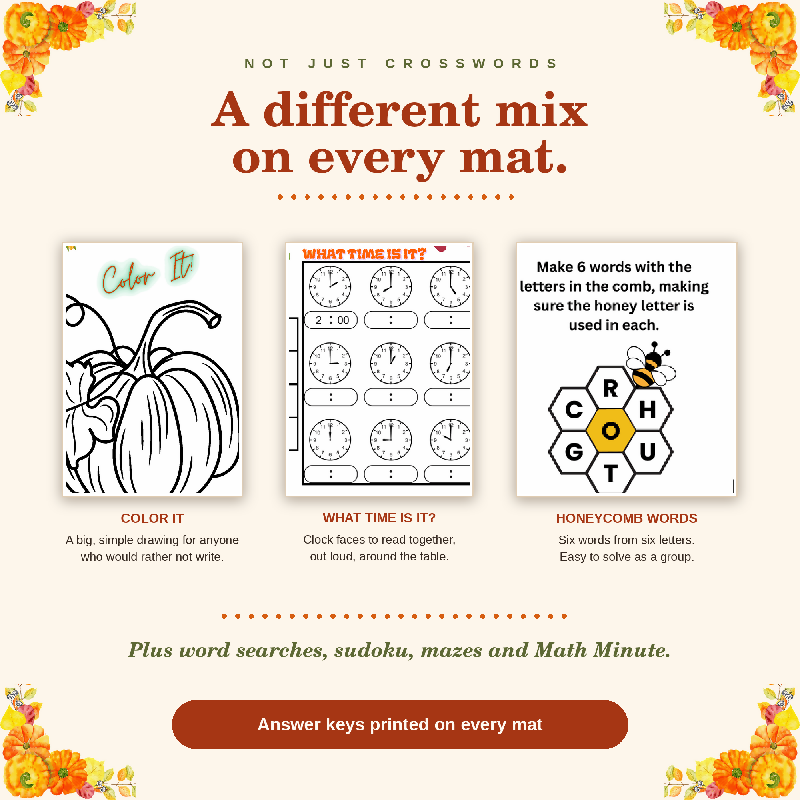 Fall Activity Placemats for Seniors, 10 Large Print Autumn Puzzles and Halloween Trivia, Nursing Home Activity Director Printable PDF