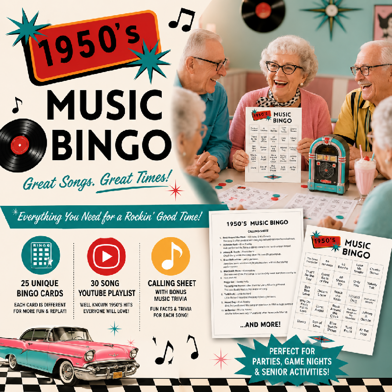 1950's Music Bingo | Senior Activity Game | 25 Bingo Cards, 30 Songs, YouTube Playlist & Trivia