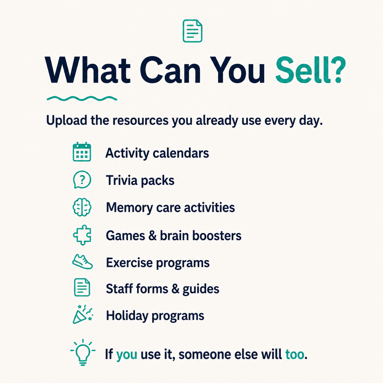Upload activities earn forever — upload activities calendars programs and guides you already use — keep 80% of every sale — get paid whenever someone downloads your resource