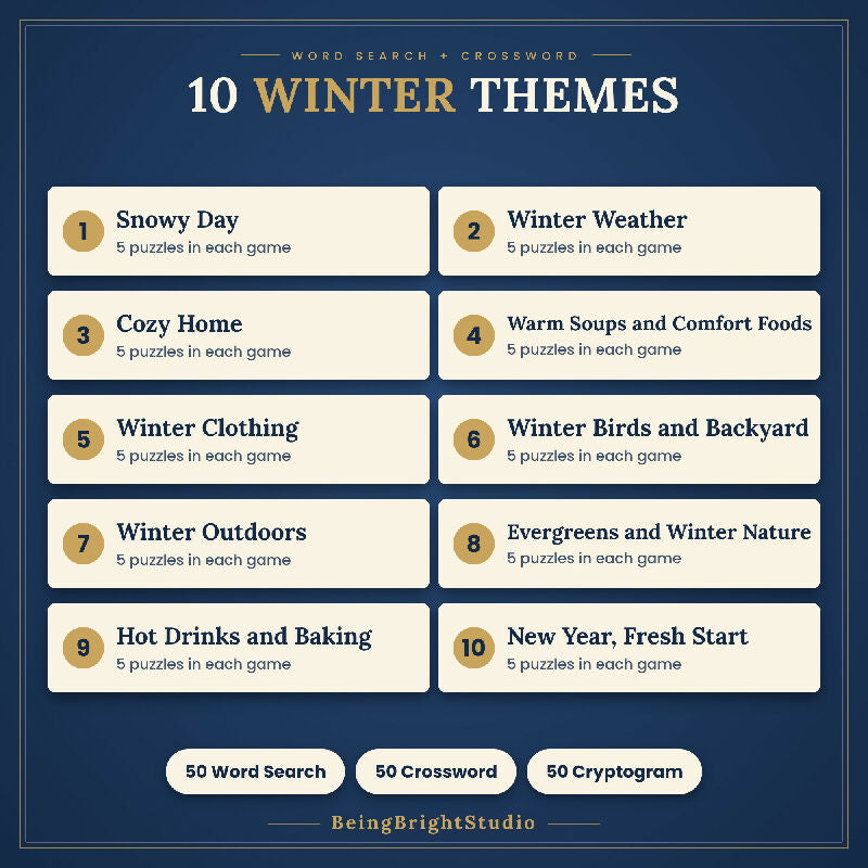 Extra Large Print Winter Puzzle Bundle for Activity Directors, 150 Printable Puzzles, Word Search, Crossword, Cryptogram, Bingo, Planner