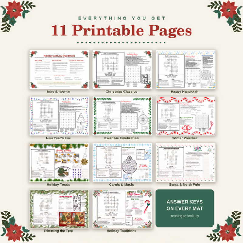 Holiday Activity Placemats for Seniors, 10 Large Print Christmas Puzzles, Hanukkah and Kwanzaa, Nursing Home Assisted Living Memory Care Activity Director PDF
