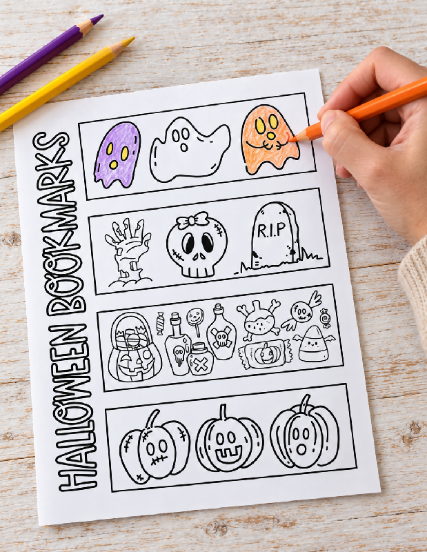 Halloween Coloring Bookmark Set, Autumn Craft and Reading Activity