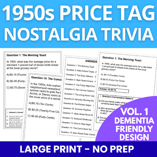 1950s Price Tag Nostalgia Trivia Game for Seniors and Memory Care Large Print Low Ink No Prep Reminiscence Activity