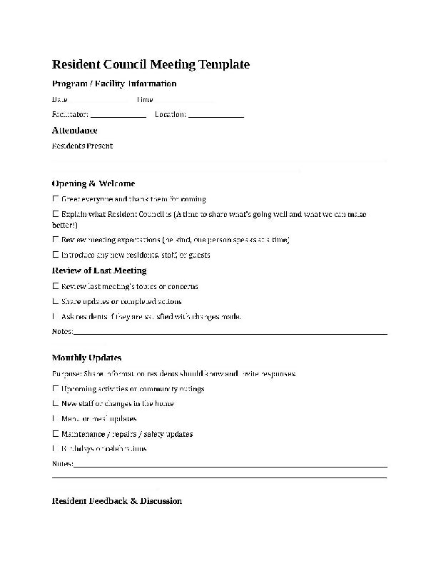 Resident Council Meeting Agenda, Editable Template with Notes and Staff Follow Up