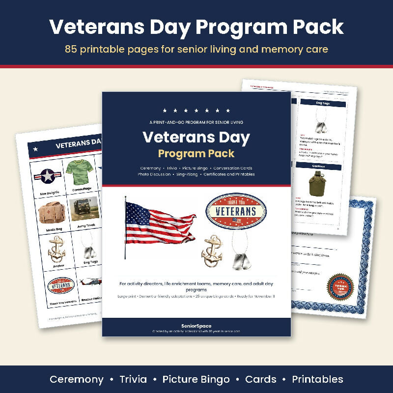 Veterans Day Activities for Seniors, Printable Program Pack, Picture Bingo, Trivia, Ceremony Script, Memory Care, Activity Director PDF