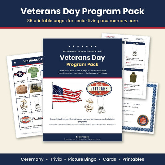 Veterans Day Activities for Seniors, Printable Program Pack, Picture Bingo, Trivia, Ceremony Script, Memory Care, Activity Director PDF