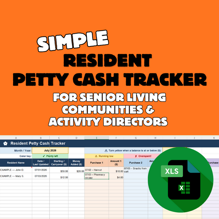 Petty Cash Tracker for Care Homes, Resident Funds Excel Spreadsheet, Personal Needs Money Log, Assisted Living Group Home Admin Template