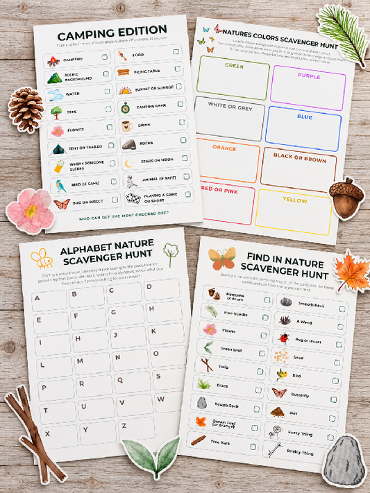 Nature Scavenger Hunt Bundle, Outdoor Games Camping Theme Activity: Nature, Colors, Selfies & Camping Edition