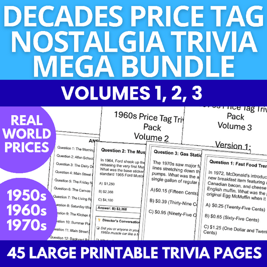 Decades Price Tag Nostalgia Trivia Mega Bundle Volumes 1 2 3 for Seniors and Memory Care Large Print Low Ink No Prep Reminiscence Activity Set