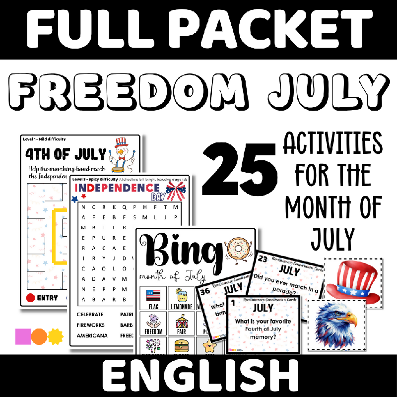 Month of July Bundle of 25 Activities - Freedom July - Printable and Digital Pack for Seniors