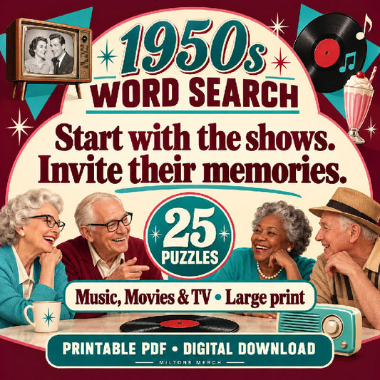 1950s Word Search — Music, Movies & TV | 25 Large Print Nostalgia Puzzles, PDF