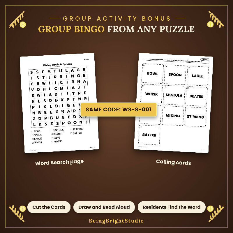 Kitchen Word Search for Seniors, Extra Large Print, 50 Home Cooking Puzzles, Group Bingo Cards