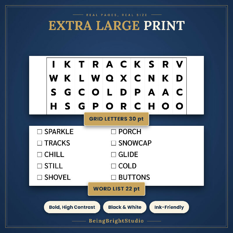 Extra Large Print Winter Word Search for Activity Directors, 50 Printable Puzzles, Bingo Calling Cards, Letter and A4
