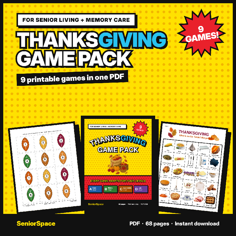 Thanksgiving Games for Seniors, 9 Printable Activities, Picture Bingo, Trivia, Memory Care and Nursing Home Activity Pack PDF